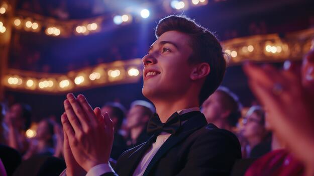 A Man in a Formal Tuxedo Clapping Hands in Front of a Gathered Crowd photo