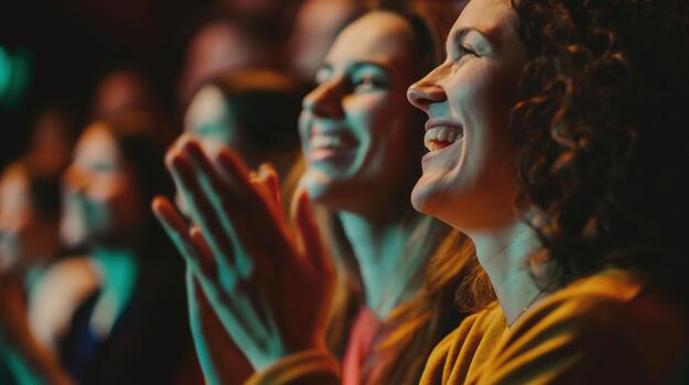 Several Individuals Sitting Down in a Room, Applauding Enthusiastically photo