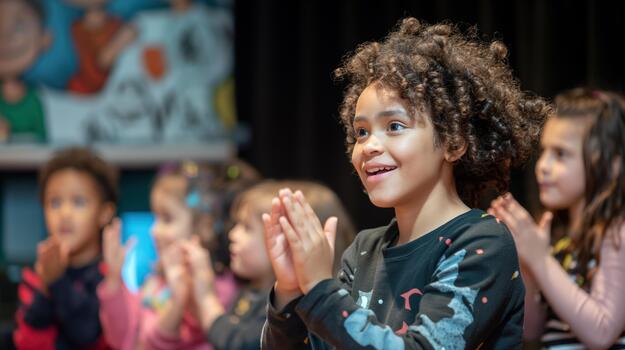 Mixed Race Child Clapping Enthusiastically in Front of a Stage During a Performance photo