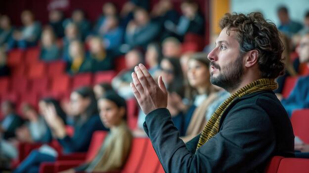 A Man Wearing a Suit Claps His Hands in Front of a Seated Audience photo
