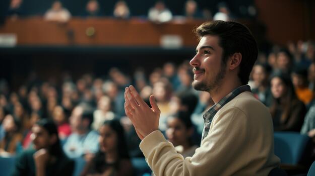 A Man in a Theatre Clapping With a Crowd Behind Him photo
