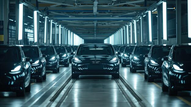 Black Cars Moving Along an Assembly Line in a Factory photo