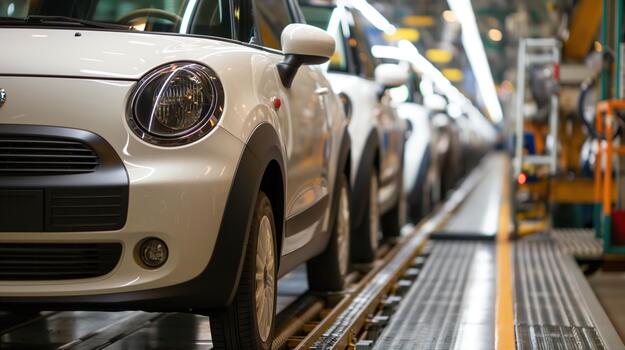 A Line of White Cars Moving Along an Assembly Line in a Factory photo