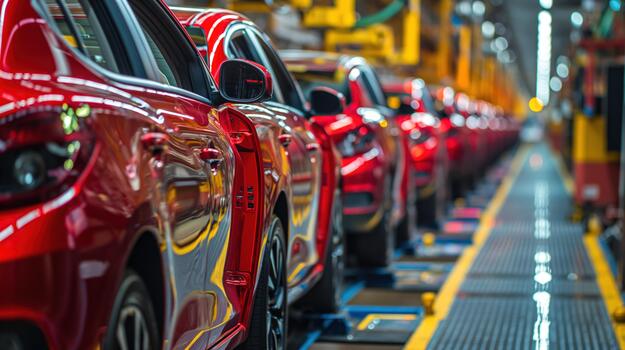 Multiple Red Cars Moving Along an Assembly Line in a Manufacturing Plant photo
