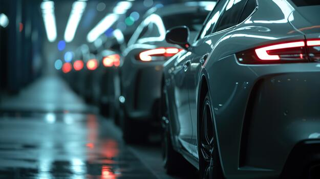 Multiple Vehicles Parked Orderly in a Car Assembly Factory photo