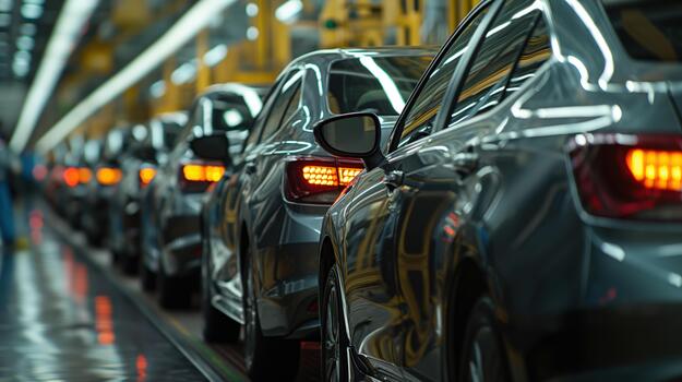 A Row of Silver Cars Moving Along an Assembly Line in a Factory photo