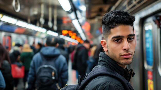 A Thoughtful Young Man Stands Alone in a Crowded Subway, Surrounded by Commuters photo