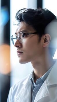 A Dedicated Asian Male Scientist Focuses Intently While Conducting an Experiment in Natural Light photo
