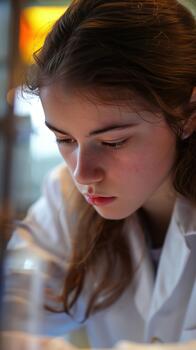 A Dedicated Young Scientist Is Immersed in Experimenting in a Bright Laboratory photo