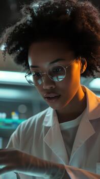 A Black Female Scientist Carefully Performs an Experiment in a Well-lit Laboratory Environment photo