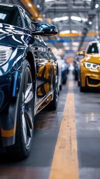 Close-up View of Luxury Cars Highlighted by Natural Light in an Assembly Line photo