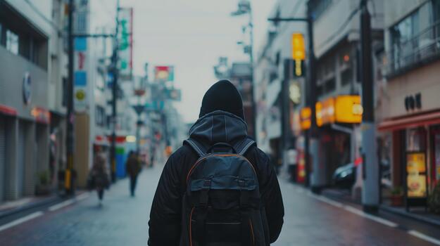 A Figure Walks Down a Deserted Urban Street, With Shops Lining the Way on a Cloudy Day photo