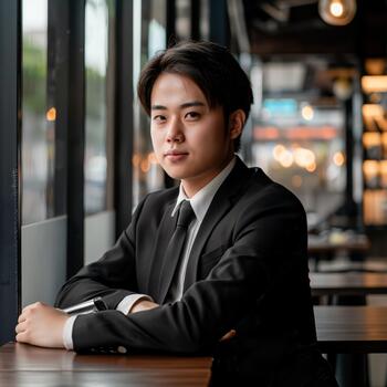 An Asian Businessman Sits Confidently at a Cafe, Engaging in Work-related Tasks photo