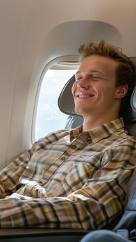A Man Enjoys a Comfortable Flight, Relaxed and Smiling in His Airplane Seat photo