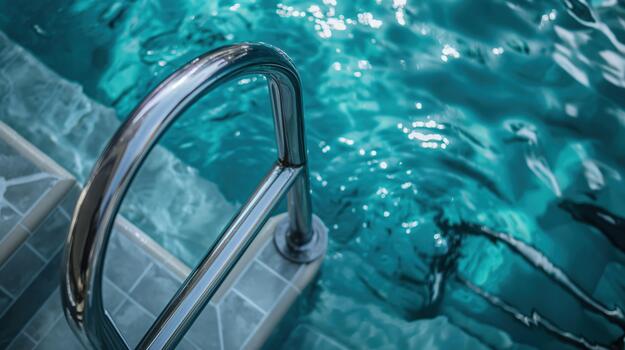 un mano apretones el escalera de un espumoso azul piscina, destacando el verano vibraciones y ocio hora foto