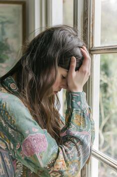 A Young Woman Leans Against a Window Frame, Appearing Lost in Thought and Concern photo