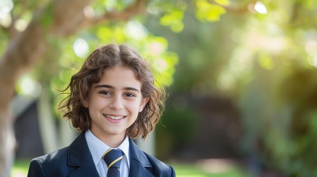 A Happy Student in a Uniform Stands Outside, Surrounded by Greenery photo