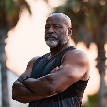 An Older Black Man Stands Confidently Outside, Engaging in Exercise During the Evening photo
