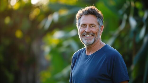 An Older Man Enjoys Exercising Outside, Looking Off Camera With a Joyful Expression photo