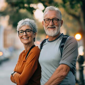 An Older Couple Smiles and Looks Off-camera While Exercising Happily in an Outdoor Setting photo