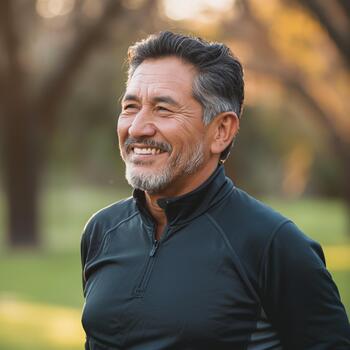 An Older Hispanic Man Exercises Outdoors, Displaying Joy and Focus While Looking Off Camera photo