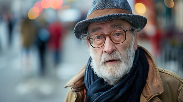 An Elderly Man Wearing a Hat Gazes Thoughtfully While Surrounded by a Busy Urban Environment photo