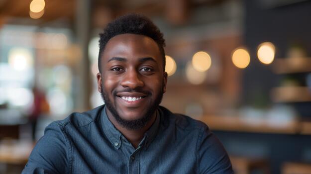 A Smiling Black Professional in a Stylish Environment Represents Company Values and Creativity photo