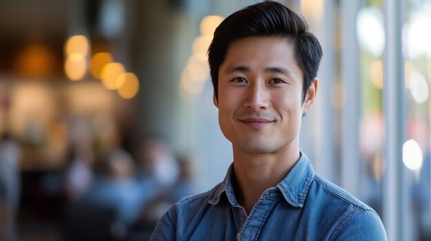 A Smiling Asian Professional at a Tech Company Stands Confidently Against a Bokeh Backdrop photo
