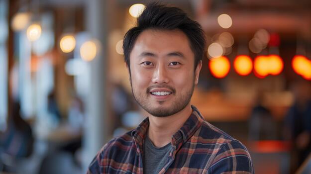 A Cheerful Asian Man Poses in a Modern Tech Environment, Showcasing a Friendly Demeanor photo