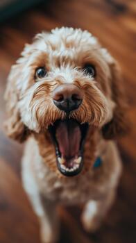 A Playful Dog Expresses Pure Joy While Barking in a Warm, Inviting Space photo