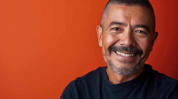 A Cheerful Hispanic Man With a Beard Smiles Broadly, Showcasing Positivity and Approachability photo