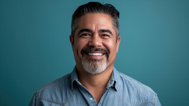 A Cheerful Hispanic Man With a Beard Poses Confidently in Front of a Solid Background photo
