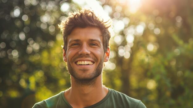 A Man in Casual Attire Smiles Warmly While Enjoying a Sunny Day in a Natural Setting photo