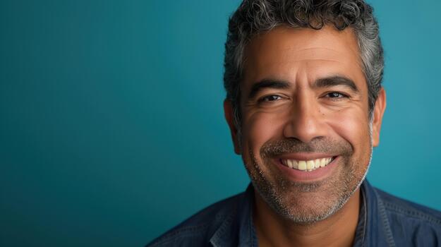 A Smiling Hispanic Man Stands Confidently Against a Vivid Background, Radiating Positivity photo