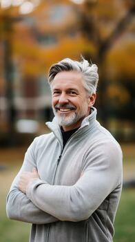 An Older Man Exercises Contentedly Outdoors, Embracing the Autumn Atmosphere With Joy photo