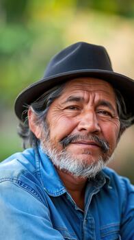 A Cheerful Hispanic Man With a Mustache Smiles Gently, Radiating Warmth in Nature photo