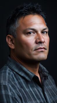 A Reflective Native American Man Gazes Thoughtfully in Controlled Natural Light photo