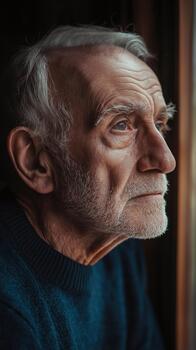 An Elderly Man Reflects Quietly as He Gazes Out a Window Bathed in Soft Light photo