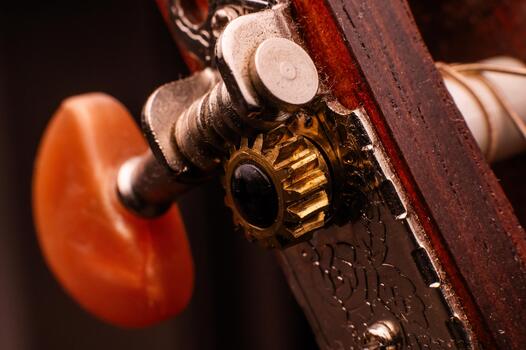 Close-up macro shot of a tuning peg with a string tuning knob on an acoustic guitar. Selective focus. Acoustic instrument concept. Low key. photo