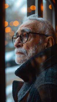 An Elderly Man Gazes Thoughtfully Outside, Immersed in Quiet Reflection by a Window photo