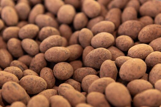 Chocolate-coated nuts in cocoa powder as a background. A profusion of nuts in a matte dark chocolate shell photo