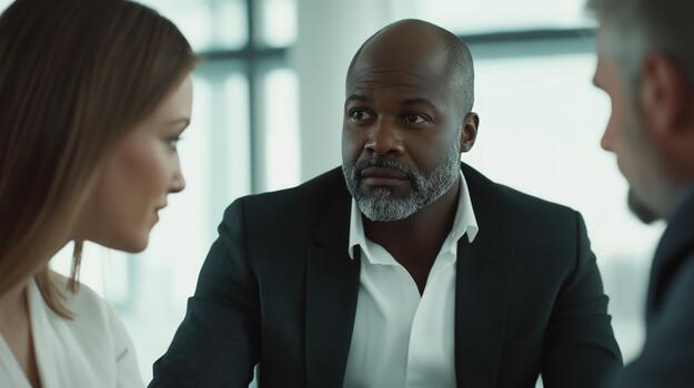 Three Colleagues Discuss Ideas in a Bright Office Space, Showcasing a Collaborative Atmosphere photo