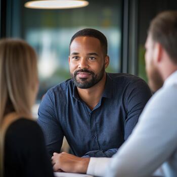 A Biracial Man Leading a Discussion With Two Colleagues in an Office Setting photo