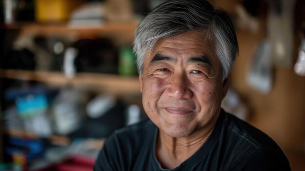 A Happy Man Radiates Joy While Working in His Cluttered Workshop, Surrounded by Tools photo