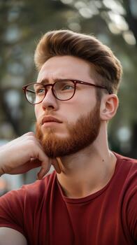 A Man With Glasses Rests His Chin on His Hand, Deep in Thought in a Serene Park Setting photo