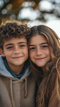Two Smiling Children Enjoy Each Other's Company in a Cheerful Outdoor Setting photo