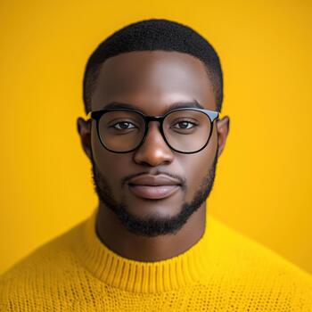 A Young Black Man With Glasses Smiles, Showcasing Style and Confidence in a Vibrant Setting photo