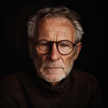 An Older Man With Glasses Contemplates Quietly in a Warm, Inviting Environment as Evening Falls photo