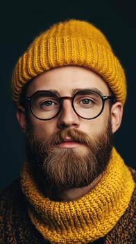 A Man With a Beard, Glasses, and a Yellow Hat Enjoys a Moment Indoors in Autumn photo