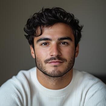 A Man With Curly Hair Poses in a Comfy Sweater, Expressing Calm and Confidence in a Warm Ambiance photo